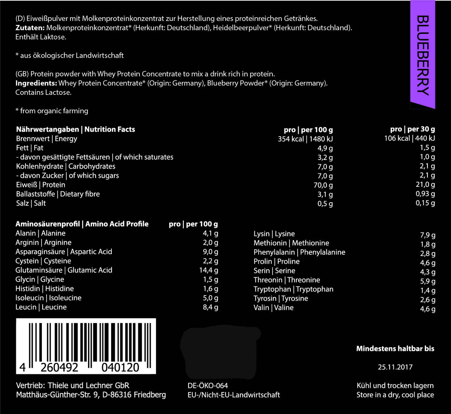 Orgainic Whey Proteinpulver Blaubeer von grasgefütterten Kühen 1kg Beutel